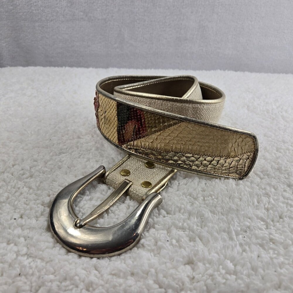 VTG 80s Leather Dress Belt by Dusty Baker Snakeskin Patchwork Lrg Silver Buckel